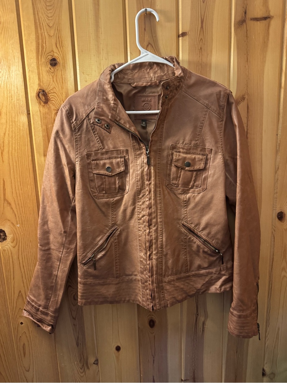 Max Jeans Women's Tan Brown Faux Leather Zip Jacket